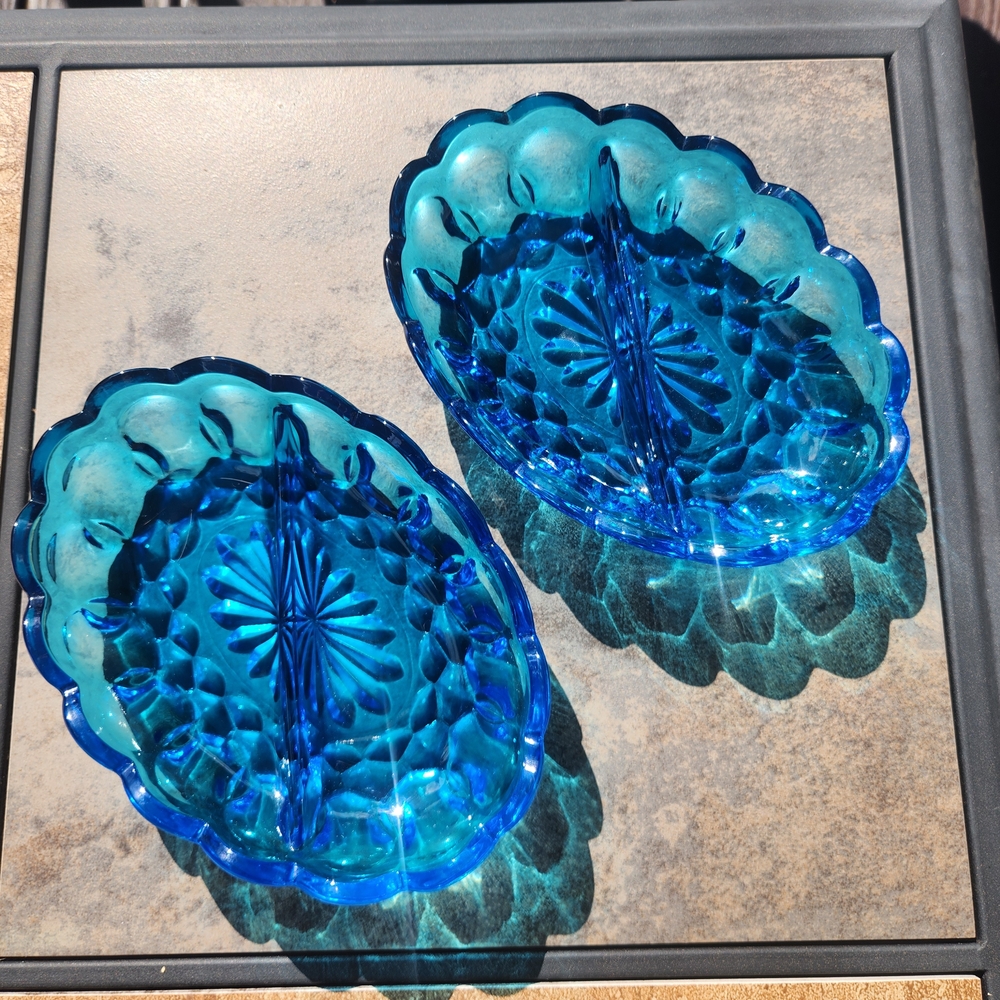 TWO Anchor Hocking Fairfield Laser Blue Oval Divided Relish Dishes